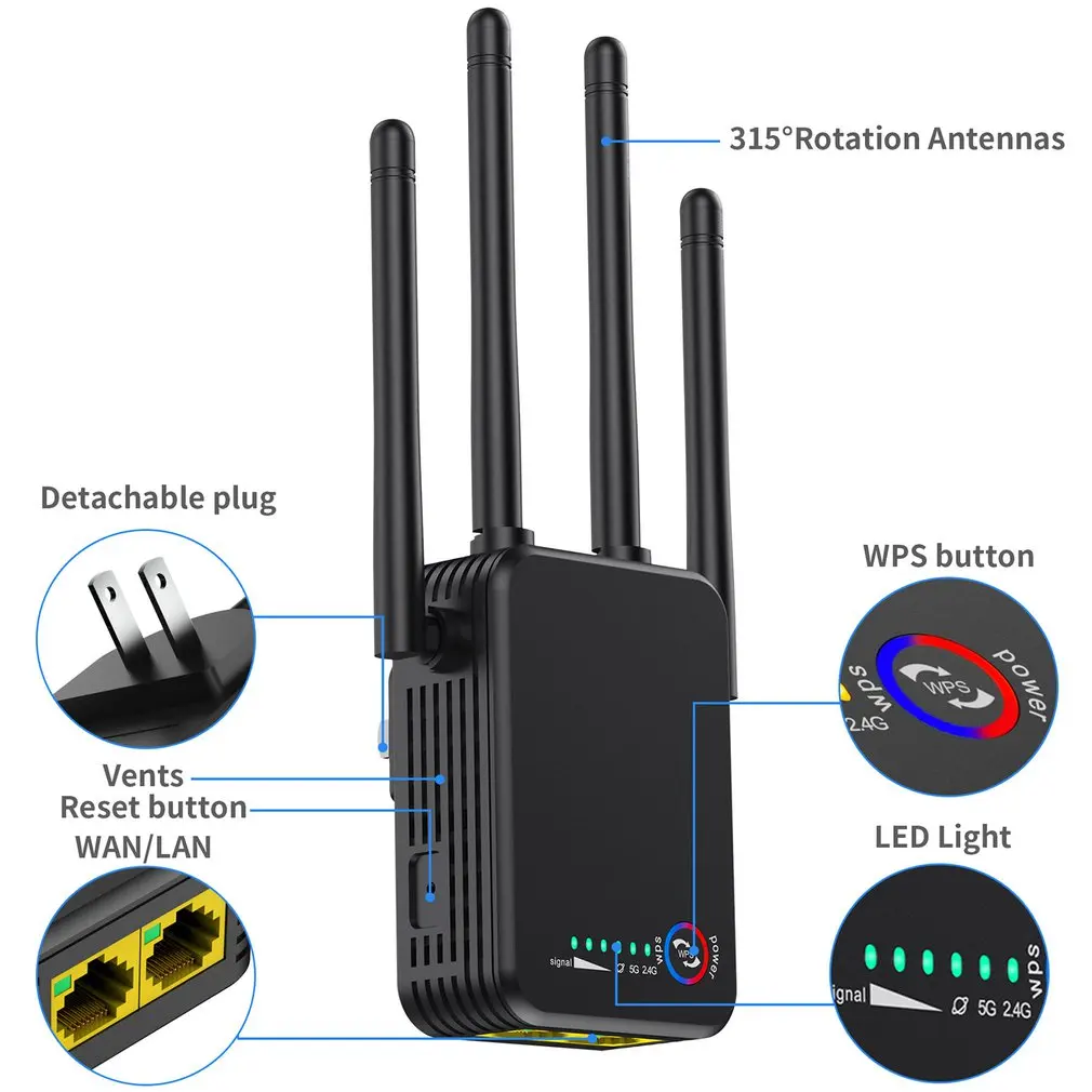 

Comfast 1200Mbps Wireless Wifi extender Wifi Repeater/Router Dual Band 2.4&5.8Ghz 4 Wi fi Antenna long Range Signal Amplifier