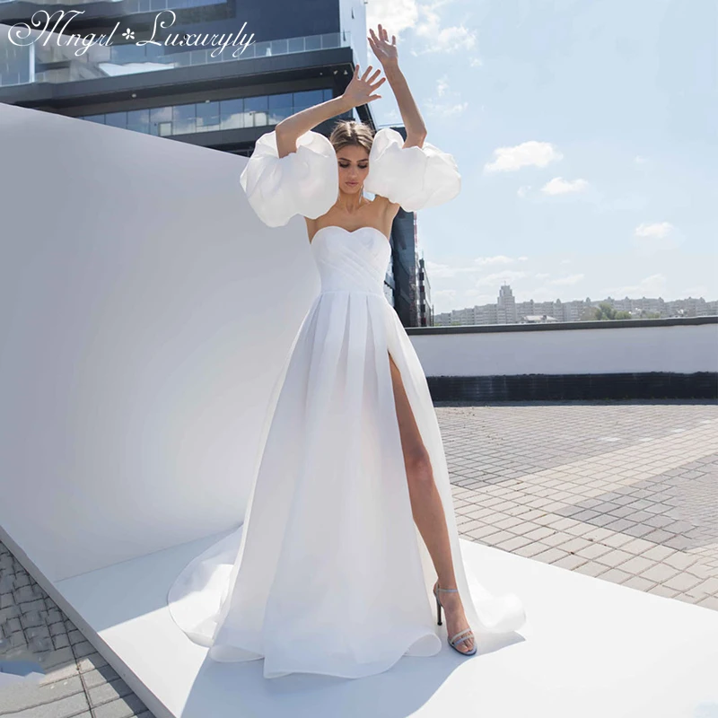 

Luxury A-LINE Wedding Dresses Chiffon Strapless Detachable Puff Sleeve Gowns Backless Sexy High Split vestidos de noviaTailored