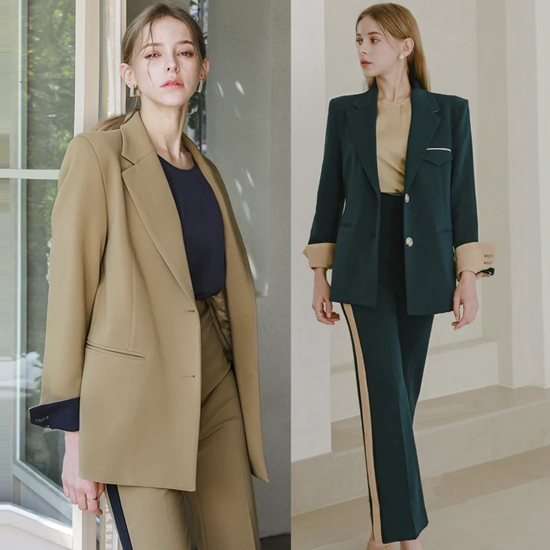 Office Elegant Women's Two-Piece Suit  Autumn/Winter Trouser Suits Fashion Color Block Blazer Jacket Slim High Waist Pants