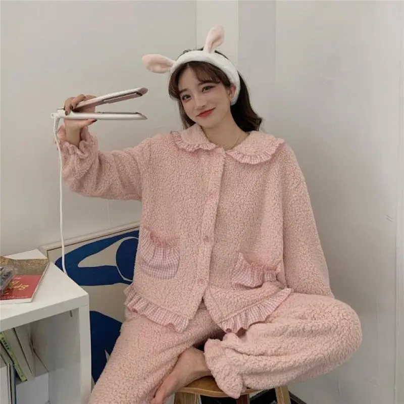 Autumn and Winter New Plaid Pajamas Women's Winter Thickening Can Wear Lovely Kawaii Long Sleeve Home Clothes Suit