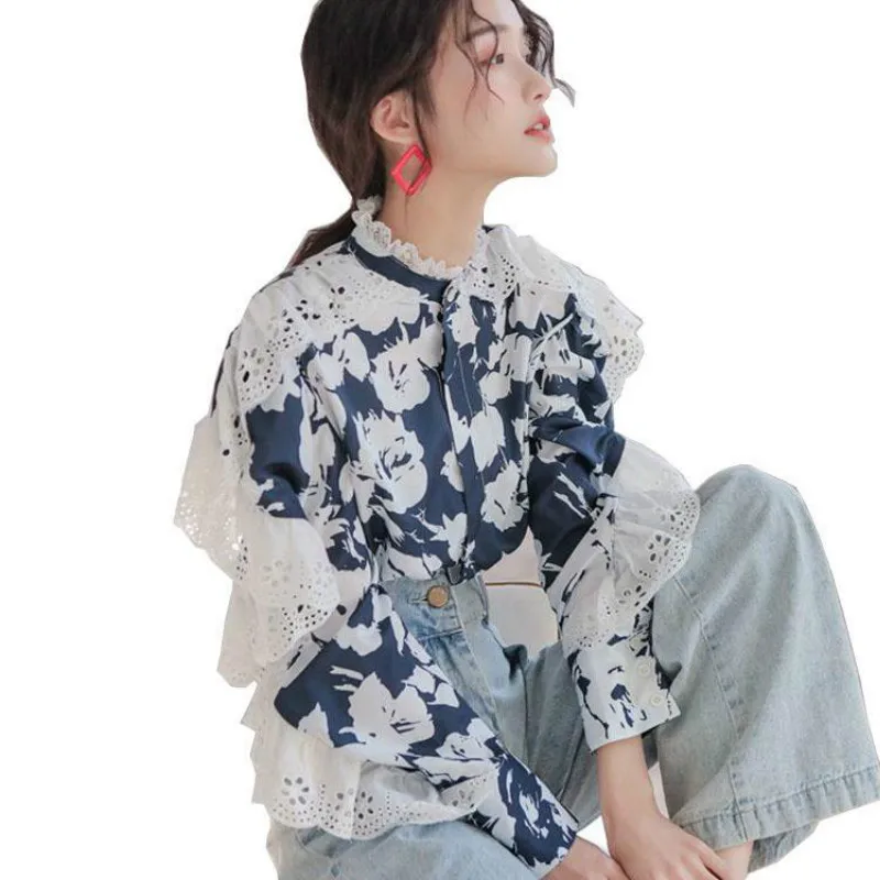 

Женские рубашки с рукавами с оборками и принтом, женская синяя рубашка с принтом и блузка