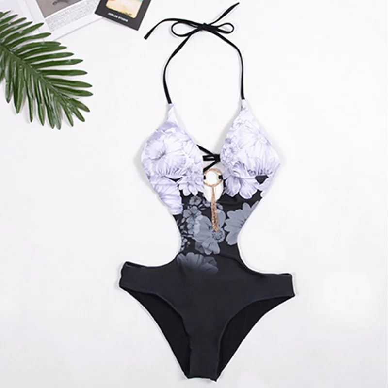 

Women 2021 Summer Monokini Swimwear Curve Stitching Patchwork Print Bathing Suit One Piece Swimsuit Ring Halter Beachwear