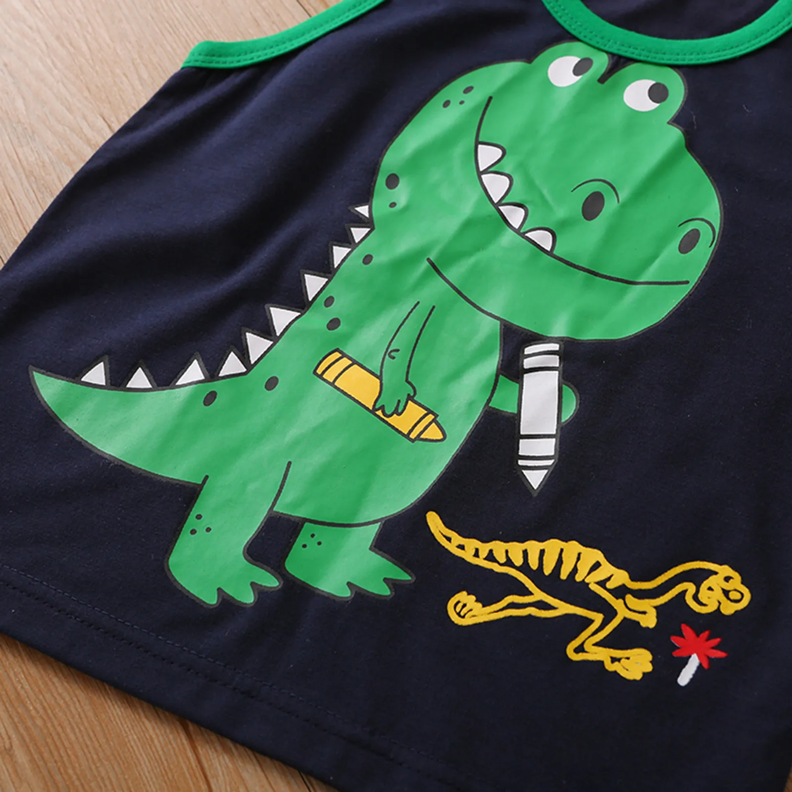 

Fashion Summer Black Printed Set Toddler Baby Boys Cartoon Dinosaur Printed Sleeveless Tops +dinosaur Printed Shorts Outfit