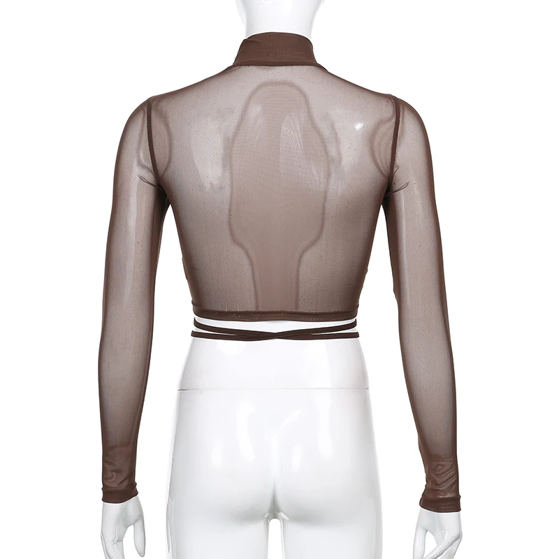 Коричневая футболка Rapcopter Y2K короткий топ с длинным рукавом водолазка рюшами