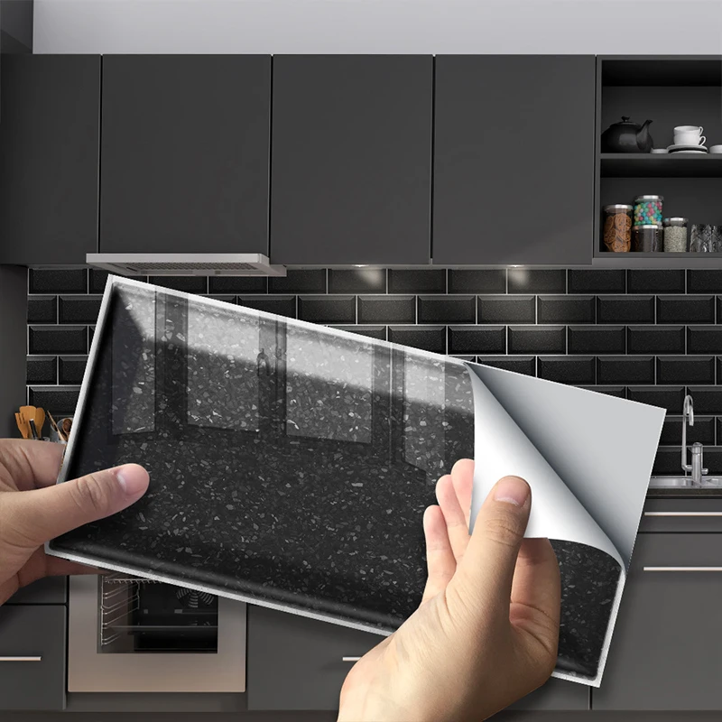 

9/27Pcs Black Terrazzo Wall Sticker PVC Long Brick Wall Tile Stickers Kitchen Bathroom Waterproof Self-adhesive Bedroom Decor