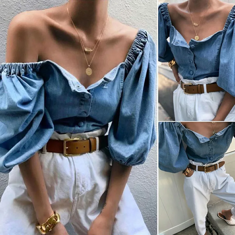 

Off Shoulder Puff Sleeve Women's Shirs Autumn Sexy Single Breasted Female Denim Tops Spring 2021 Trend Fashion Ladies Shirts