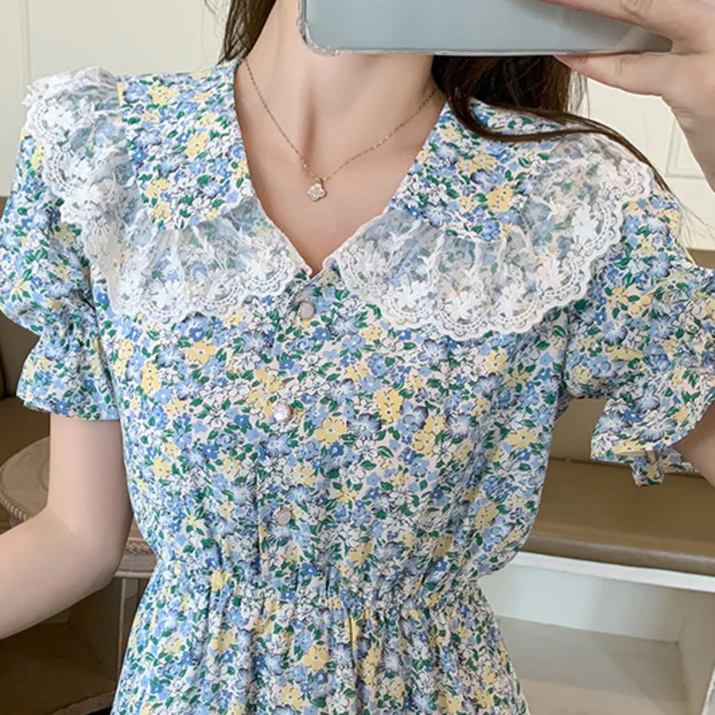 

French Style Floral Print Women Long Robe New Summer Vintage Chiffon Dress Peter Pan Collar Single Breasted Party Vestidos 2021