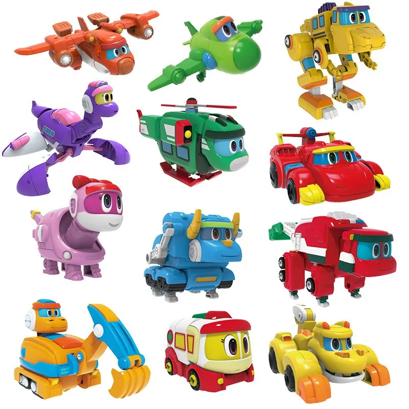 

Newest ABS Min Deformation Gogo Dino Action Figures REX Transformation Car Airplane Motorboat Crane Dinosaur toys for Kids