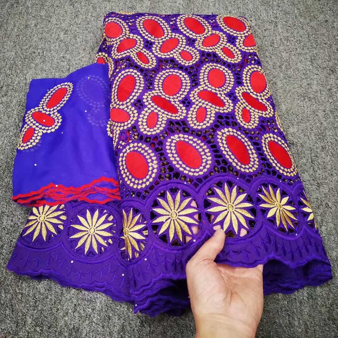 

2021 5Y Puple African Cotton Swiss Voile Fabric Embroidery And 2Y Chiffon Lace Cloth Nigerian Material Telas Algodon Sewing YCX5