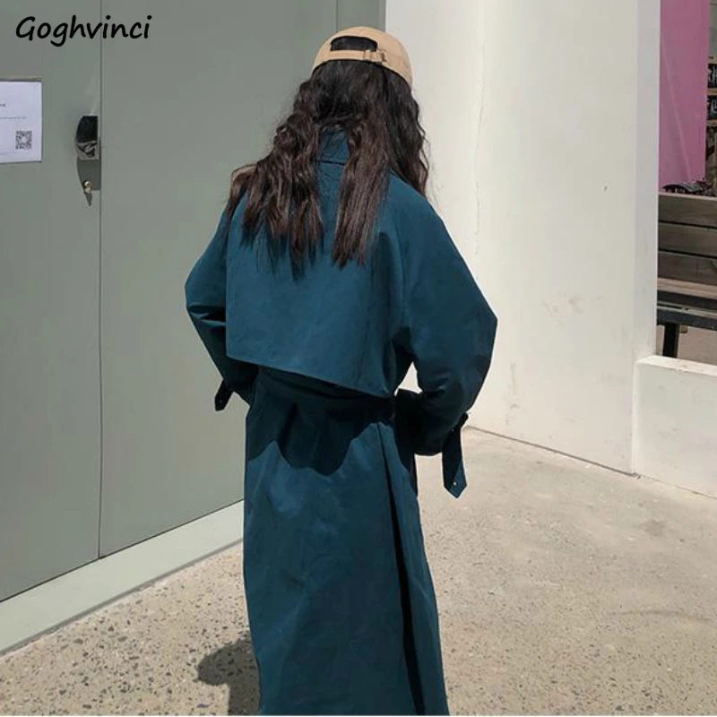

Women Trench Coats Solid Spring Autumn Blue Fashion Loose Chic Streetwear Elegant Korean Style Ladies Overcoats Casual Outwear