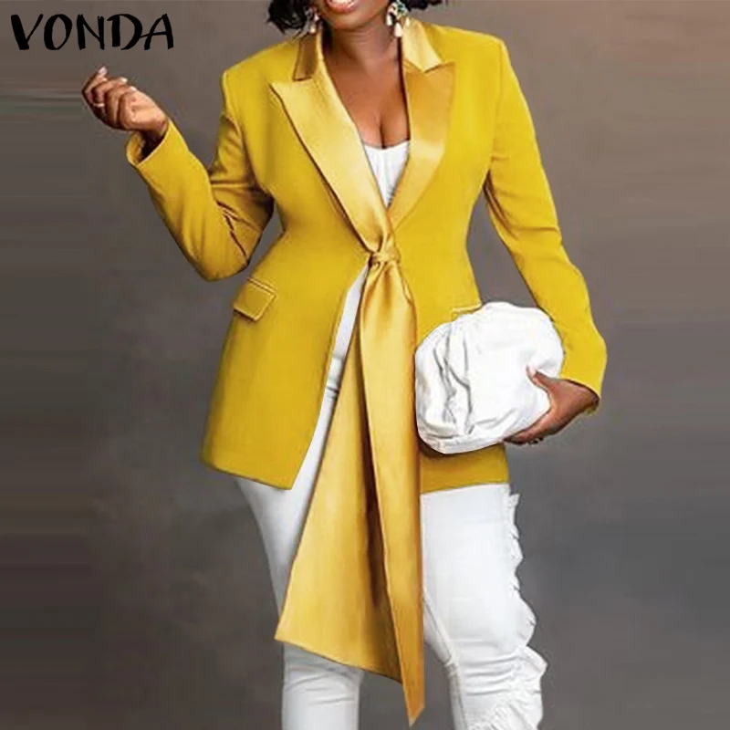 

Женский блейзер VONDA 3 цветов, Осенний повседневный жакет на пуговицах с отложным воротником и карманами, однотонные плиссированные жакеты с ...