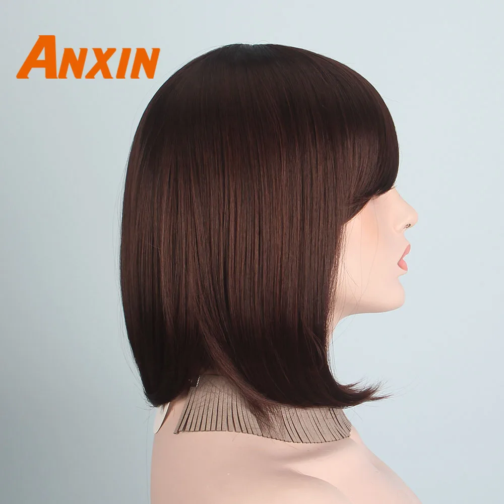 Anxin короткий волнистый парик 14 ''Коричневый Черный с челкой Женский Аниме