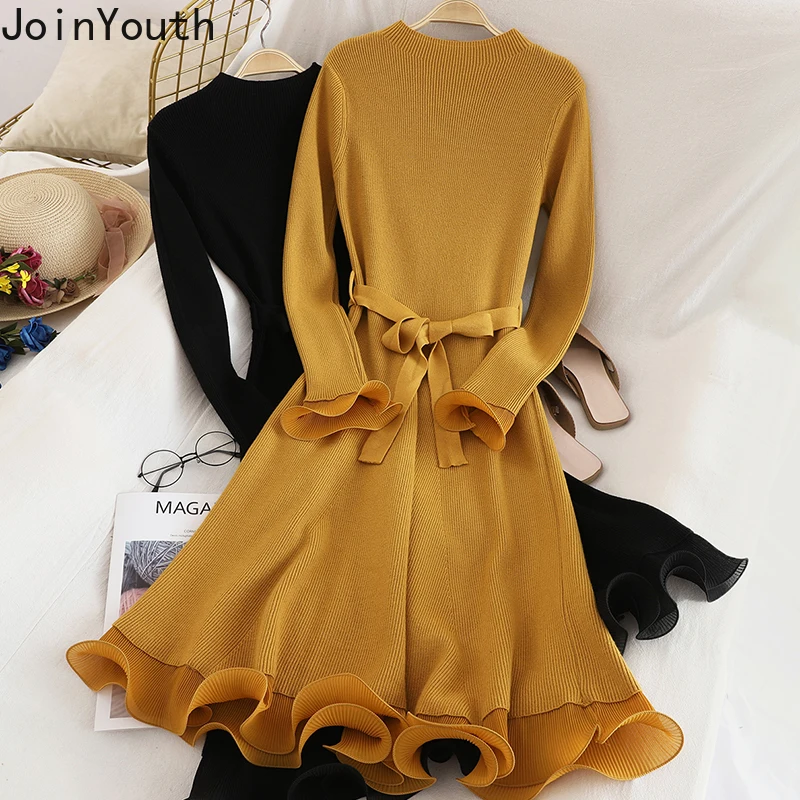 JoinYouth платье свитер женское однотонное с оборками и расклешенными рукавами