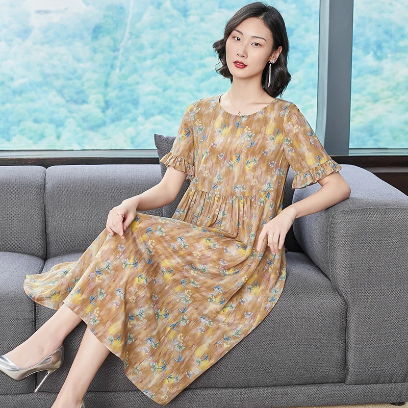 AYUSNUE женское Летнее шелковое платье пляжное миди с цветочным рисунком модные