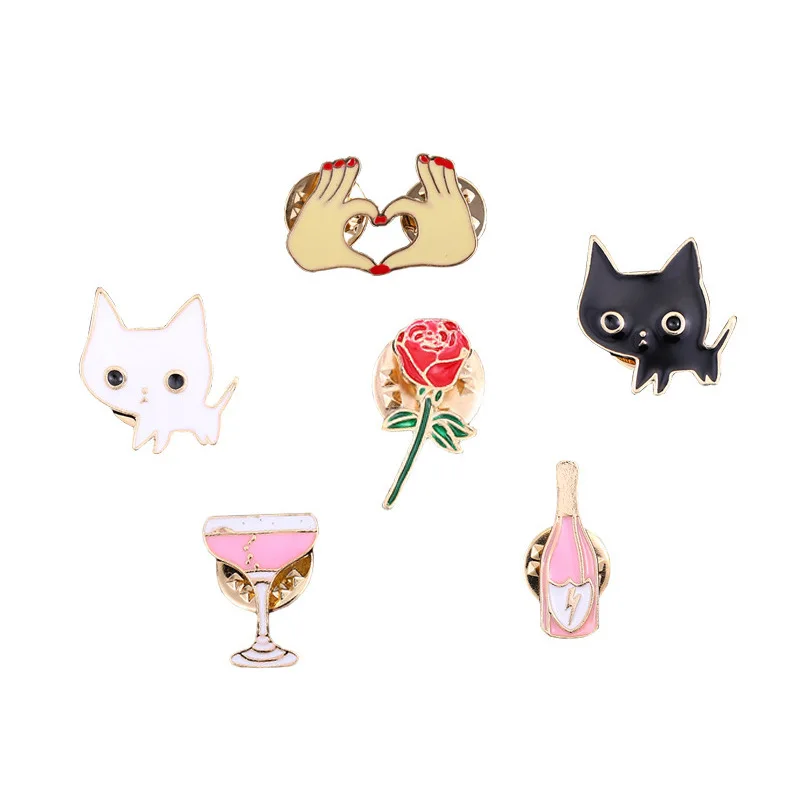 Черный белый кот лицо эмаль pin Набор Розовое Пиво Стекло Металл сердечки булавки