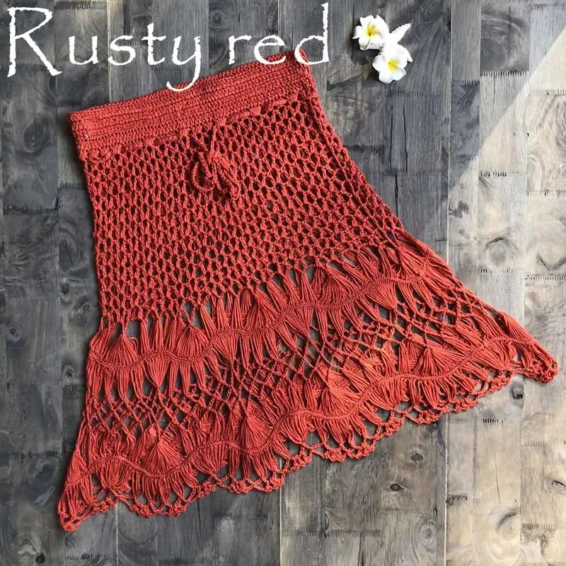 Вязанные крючком бикини Boho Хлопковые вязаные мини юбки женские летние пляжный с завышенной талией выдалбливают мини юбки крутые горячая распродажа - Цвет: rusty red one size