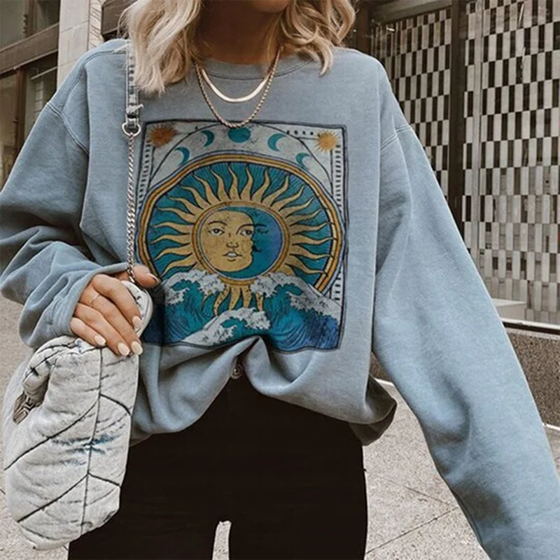 

Gray Sun Face Print Oversized Crewneck Sweatshirt Women Vintage Loose Casual Streetwear O Neck Short Sleeve Pullover Fashion Top