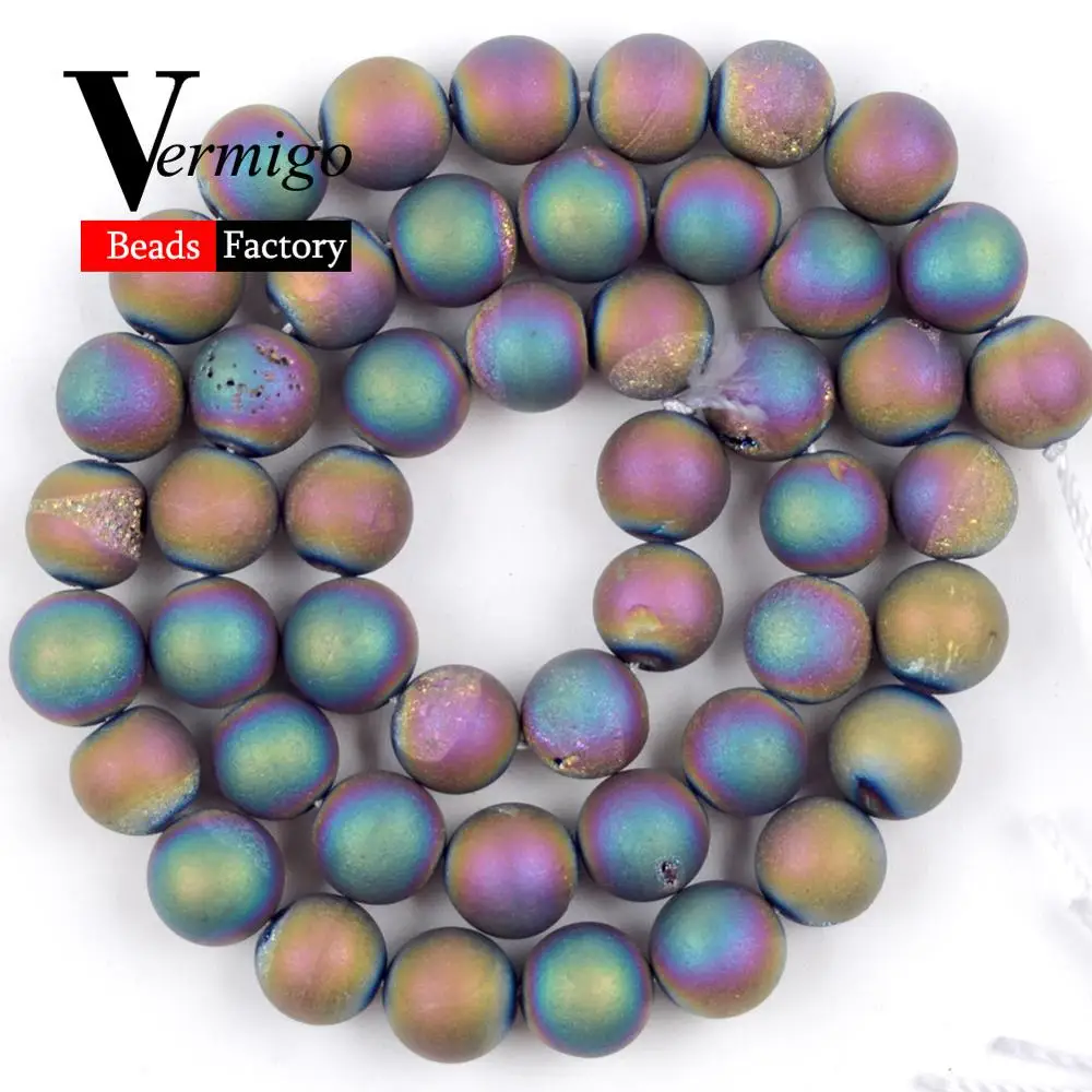 

6/8/10/12mm Metallic Coated Colorful Drusy Agates Stone Round Beads for Jewelry Making Diy Bracelet Necklace Accessories