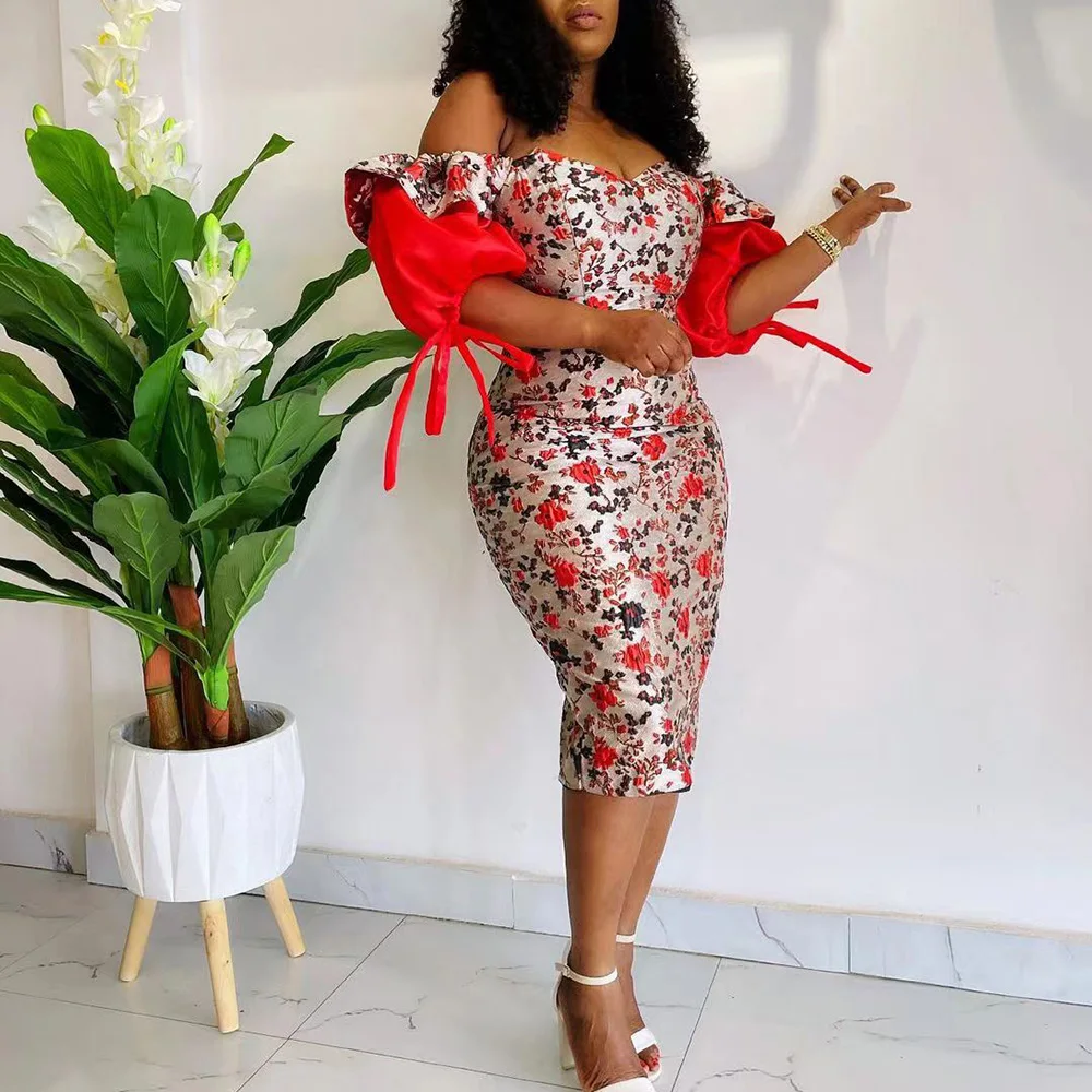 

Floral Party Dresses Women Print Off The Shoulder Sexy Bodycon Puff Sleeve Vintage Elegant Evening Formal Female Midi Dress