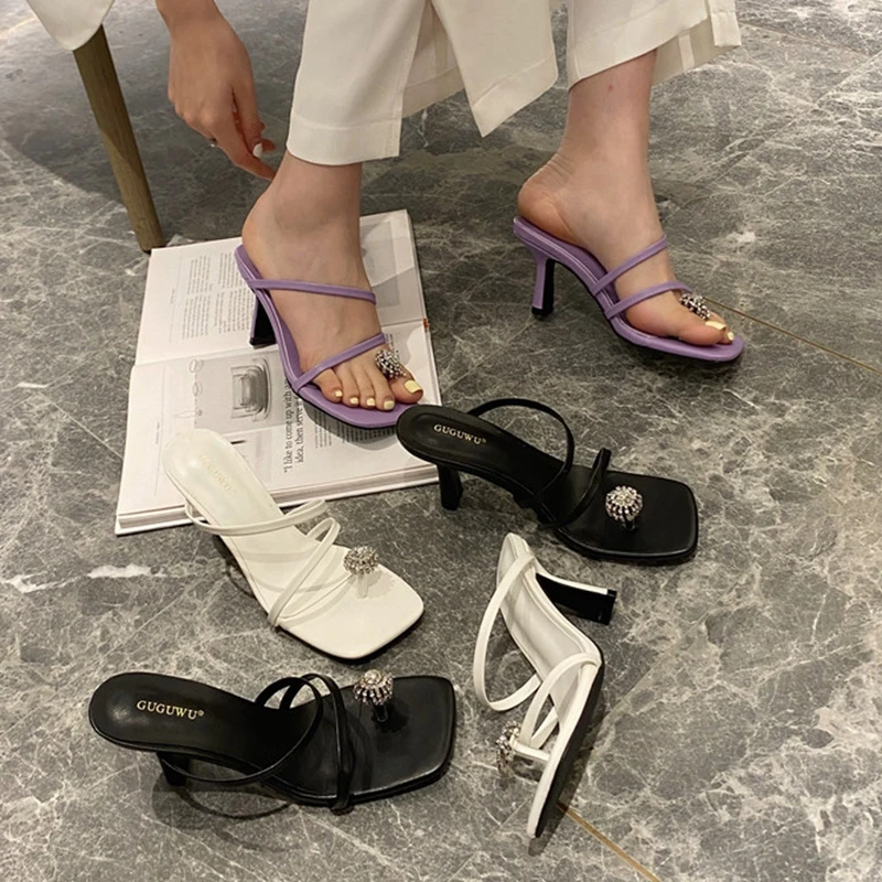 

2021 New Summer Women Slipper Fashion Brand Rhinestone Sandal Shoes Thin High Heel Open Toe Slides Outdoor Dress Shoes Flip Flop