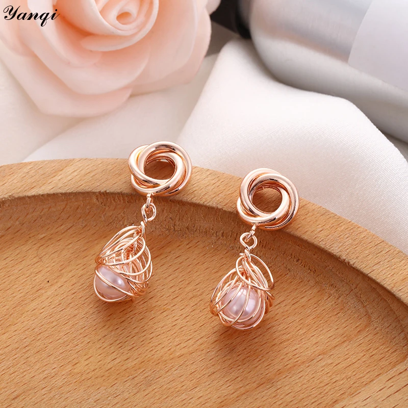 Геометрические серьги с металлической проволокой Плетеный шар жемчужные