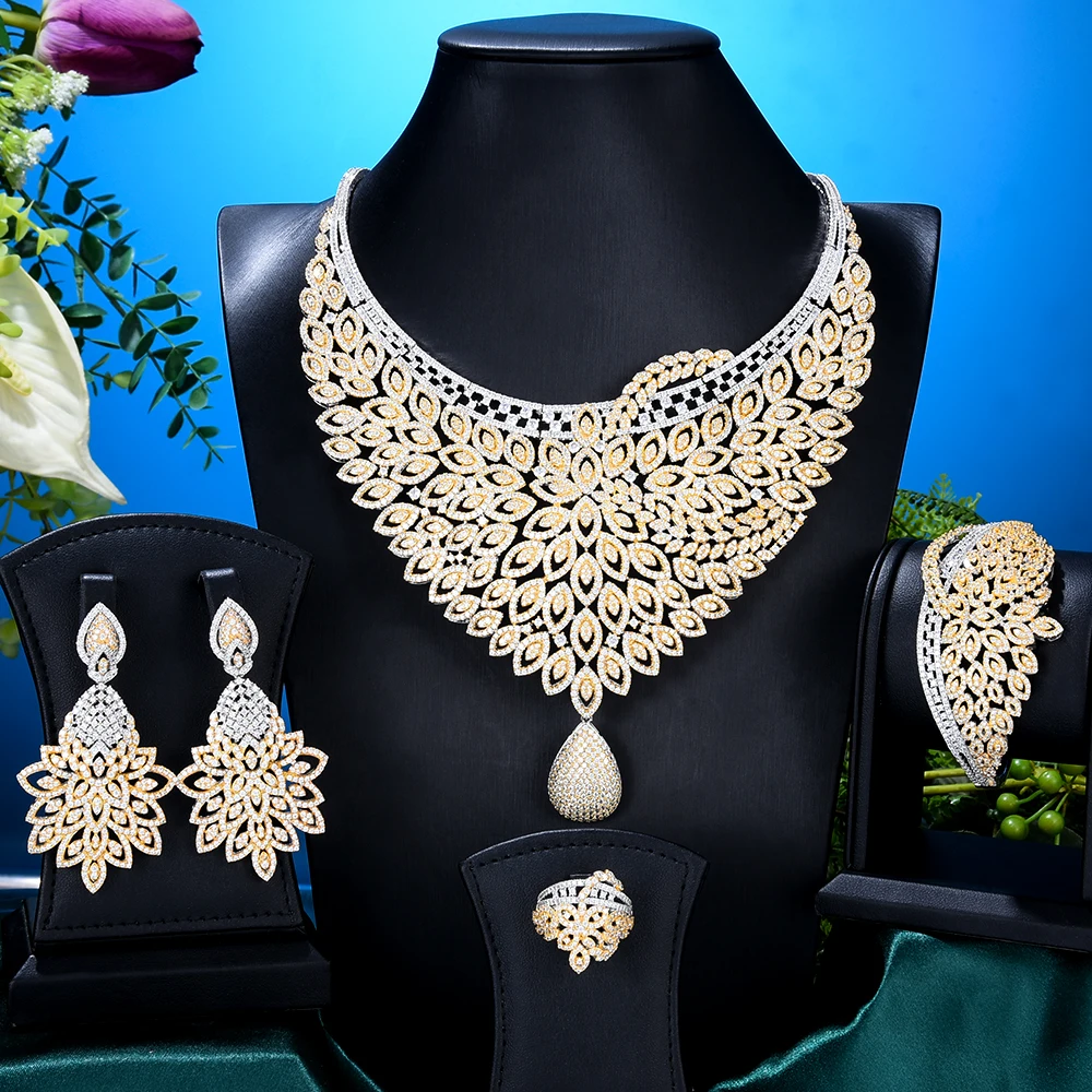 

GODKI супер большой роскошный цветок с перьями для женщин, свадебное ожерелье с кубическим цирконием, серьги, Дубай, ювелирный набор, ювелирно...