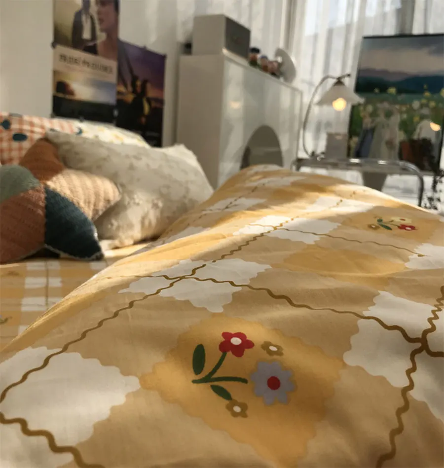 

Cute rabbit yellow flower plaid bedding set kid teen adult,cotton twin full queen home textile bed sheet pillow case duvet cover