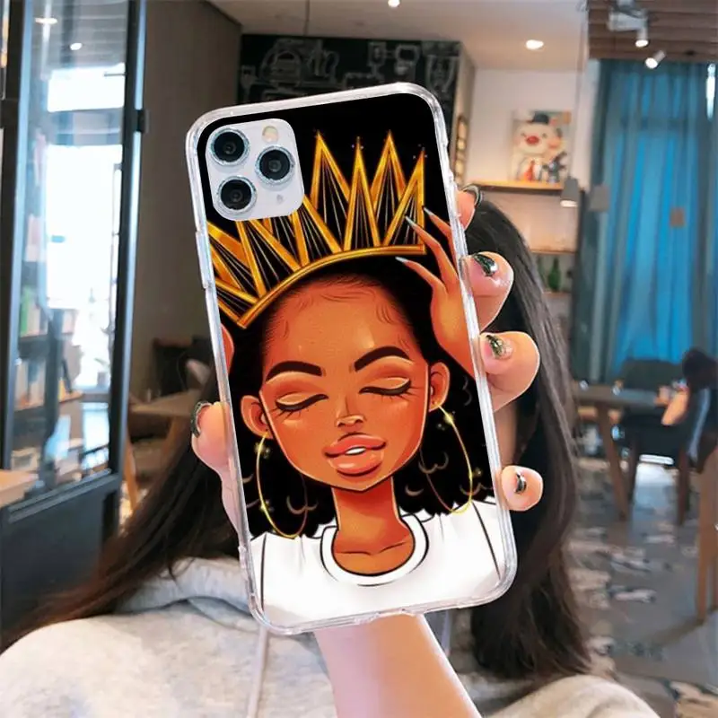 

Fashion Black Girls Phone Case Transparent for iPhone 6 7 8 11 12 s mini pro X XS XR MAX Plus cover funda shell