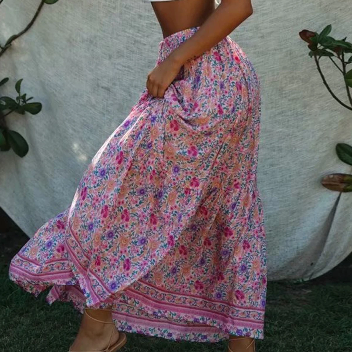 Женская длинная юбка с цветочным принтом винтажная эластичная макси высокой