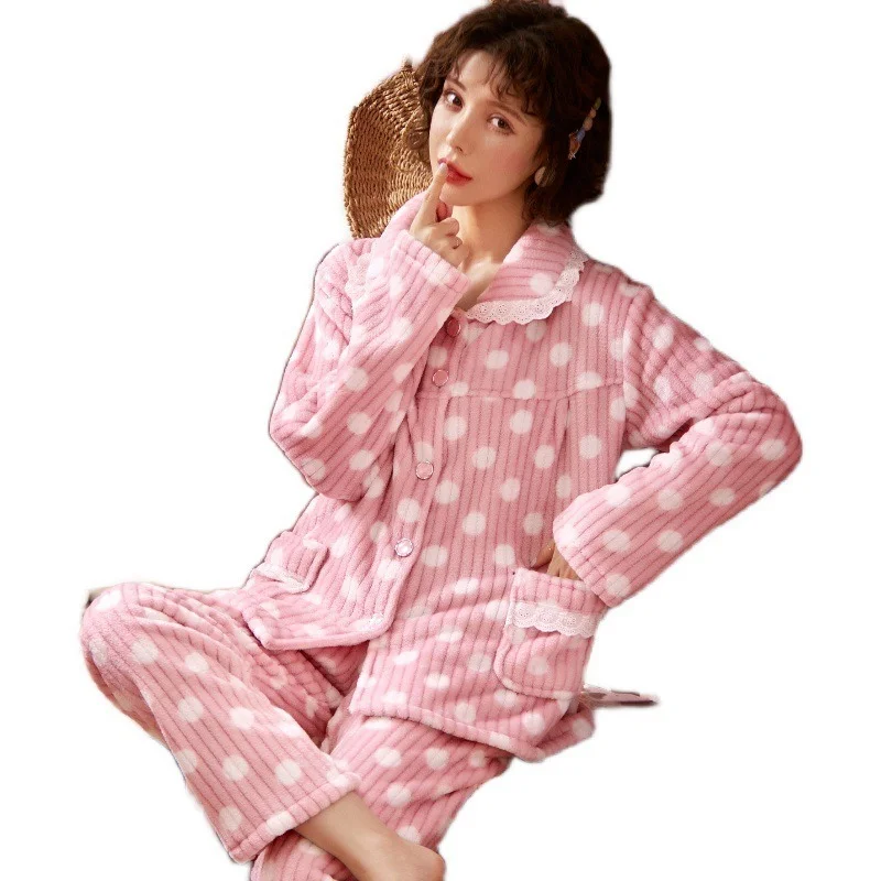 

Pajamas Set Women's Lace Sexy Sleepwear Women Embroidery Pajama Set Long Shirt Pant Hot Warm Flannel Winter Homewear Big Size