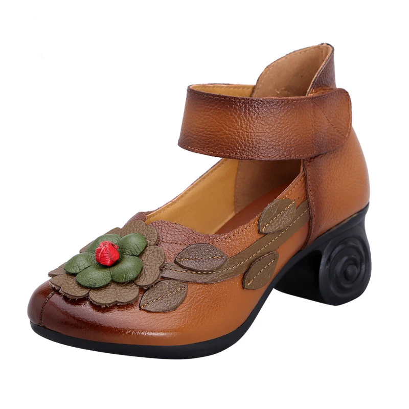 

Glglge Vintage Basic Pumps Hand Painted Flowers Pattern Splicing Butterfly Genuine Leather Slip On Pumps Mid Heels Ladies Shoes