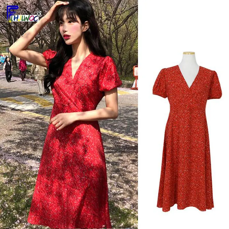 Женское длинное платье с цветочным принтом красивые корейские летние