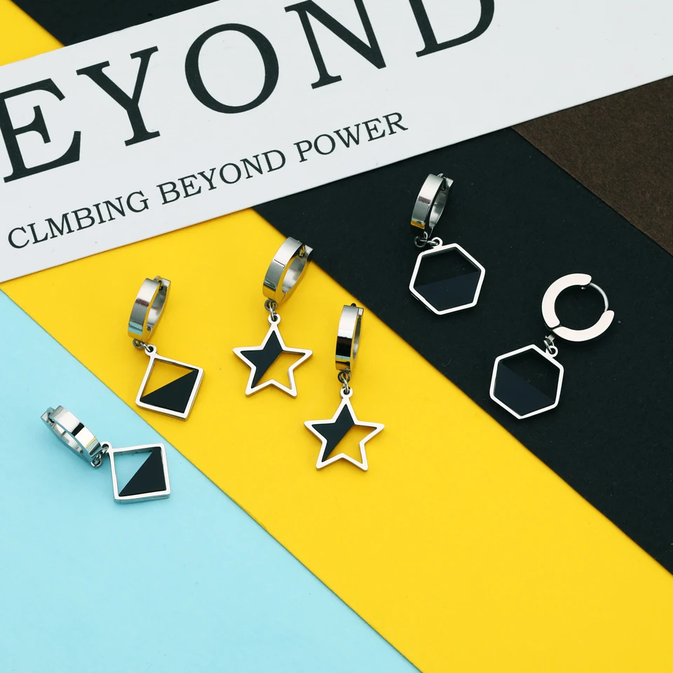 Серьги-подвески с черной эмалью и звездой для женщин серебряные из нержавеющей