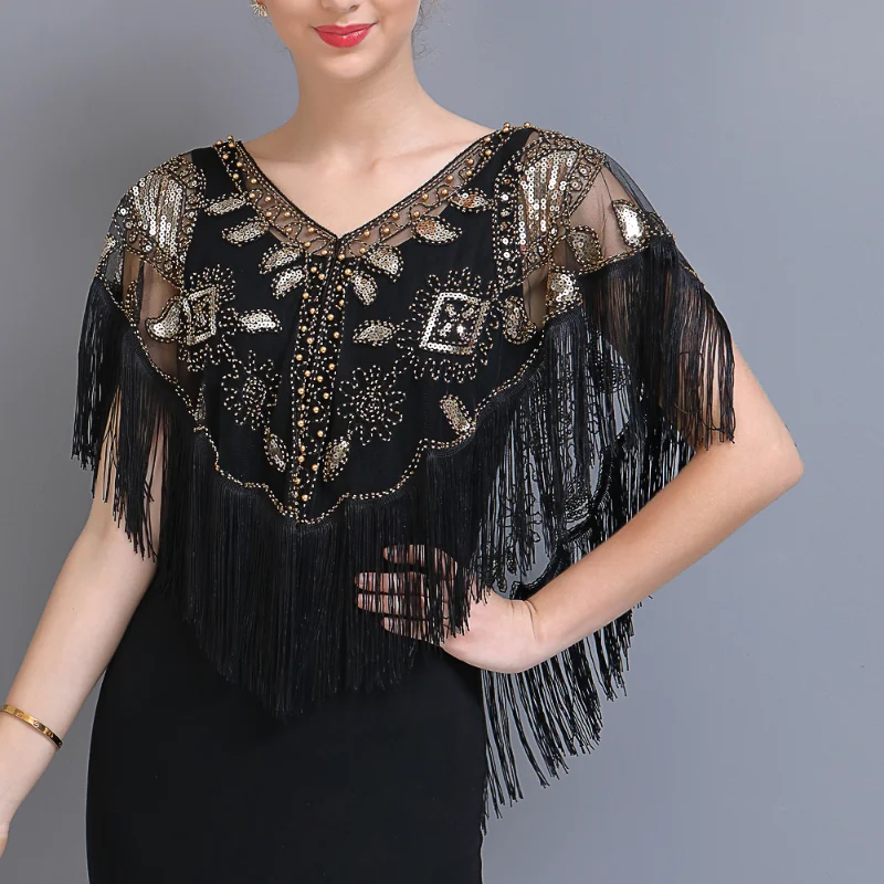 

New 1920s Women's Black Sequined Shawl with Tassels Beaded Pearl Fringe Sheer Mesh Wraps Gatsby Flapper Bolero Cape Cover Up