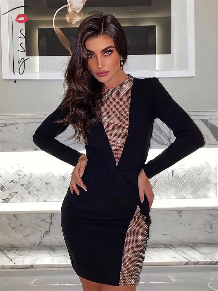 Tossy Night Club Party Dress Mesh Diamonds Black Mini Bodycon Vestidos For Women New Elegant V-neck Evening Dresses Luxury 2022