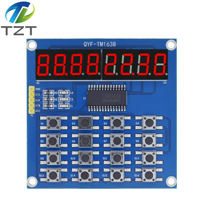 Цифровой LED-дисплей TM1638 с 8-битной трубкой, 3-проводным сканированием 16 клавиш и модулем KEY для Arduino.