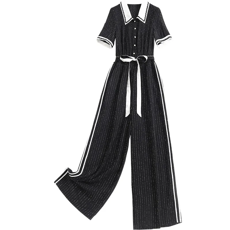 

SHUCHAN Jumpsuit Women Summer Romper Jumpsuits Bow Button Lace Up Sashes Office Lady 2021 England Style Vintage Casual