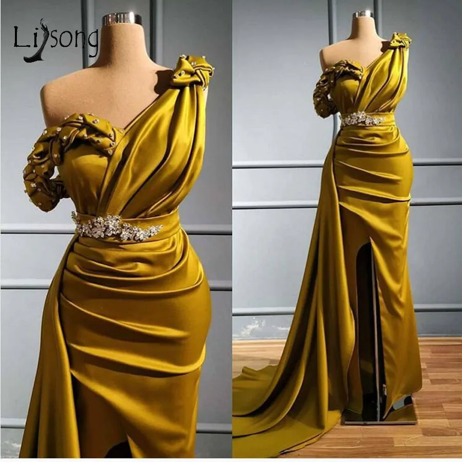 

Real Picture Elegant Gold Mermaid Evening Dresses Sexy Side Split Long Prom Gowns With Ruffles Crystal Party Dress