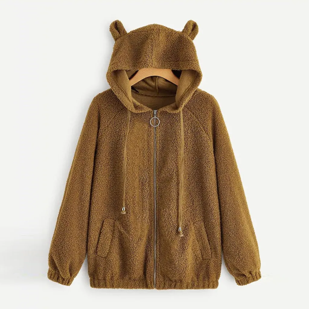 Женские теплые толстовки Тедди свитшот с капюшоном медвежьими ушками однотонное