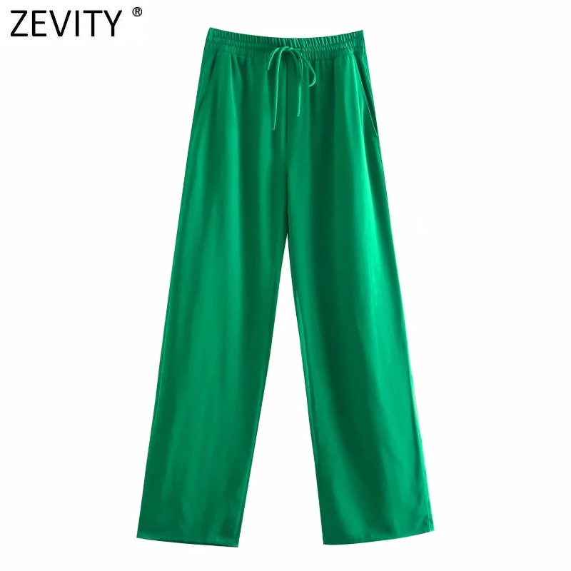 

Zevity Women Simply Solid Green Color Pockets Casual Straight Pants Female Chic Elastic Waist Lace Up Summer Long Trousers P1116