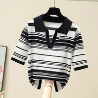 2022 summer thin striped knit sweater turn down collar top knitted short sleeve sweaters korean fashion clothing loose pullovers