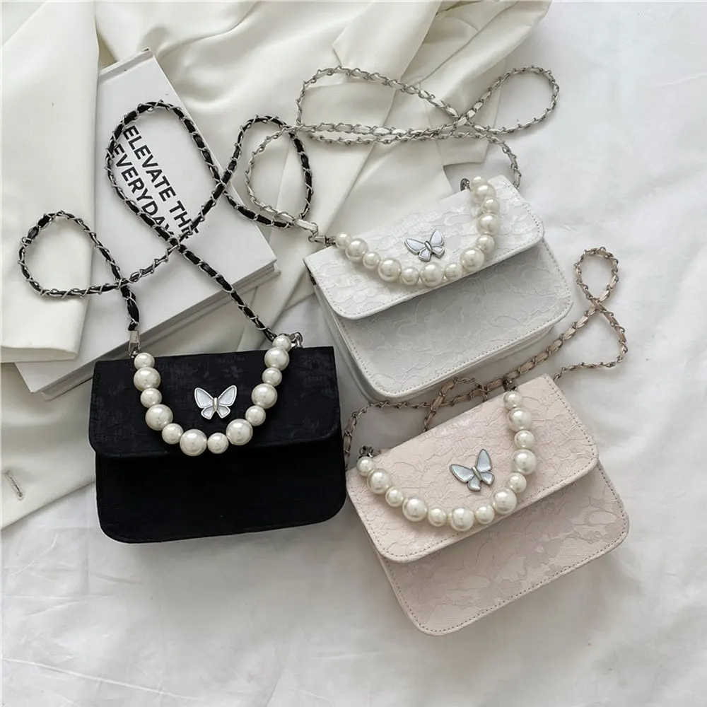 

Women's Shoulder Bags Butterfly Fashion Pearl Chain Handbag Female Floral Messenger Bag Casual New Ladies Evening Lace Clutch