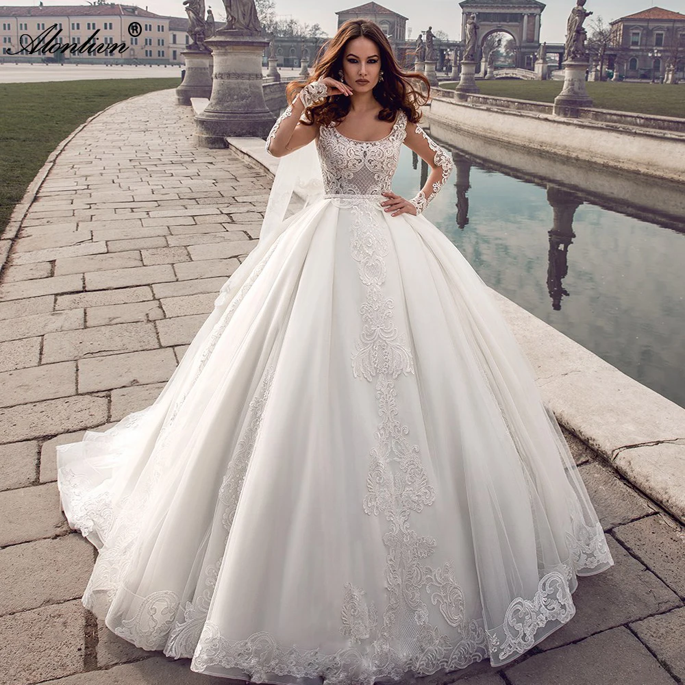 

Alonlivn Lustrous Unique Embroidery Lace Scoop Wedding Dresses Full Sleeves Lace Up Elegant Ball Gown Bridal Gowns