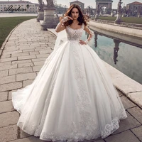 alonlivn lustrous unique embroidery lace scoop wedding dresses full sleeves lace up elegant ball gown bridal gowns