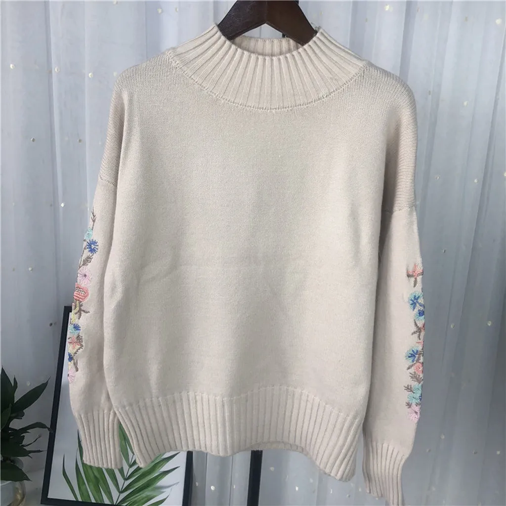 New Loose Thick Warm Winter Pullover Sweater Women Embroidery Jumper Half Turtleneck Long Sleeve Knit Yellow Sweater Female