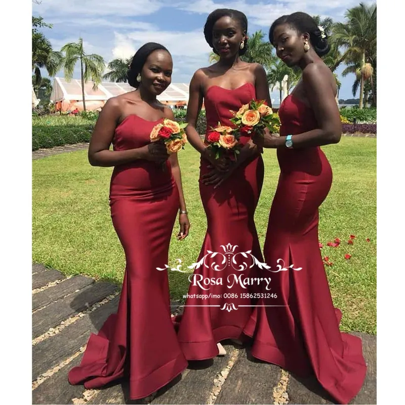 

Sexy Burgundy Mermaid African Bridesmaids Dresses 2020 Plus Size Cheap Simple Long Satin Country Beach Maid Of Honors Prom Gowns