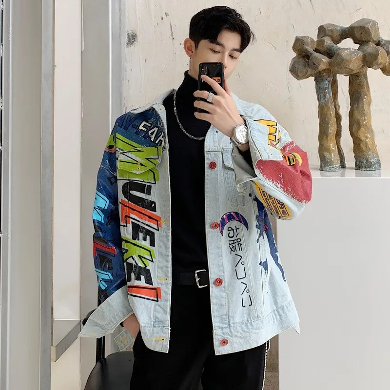 High Street новый бренд граффити мужские джинсовые куртки свободного кроя хип-хоп с