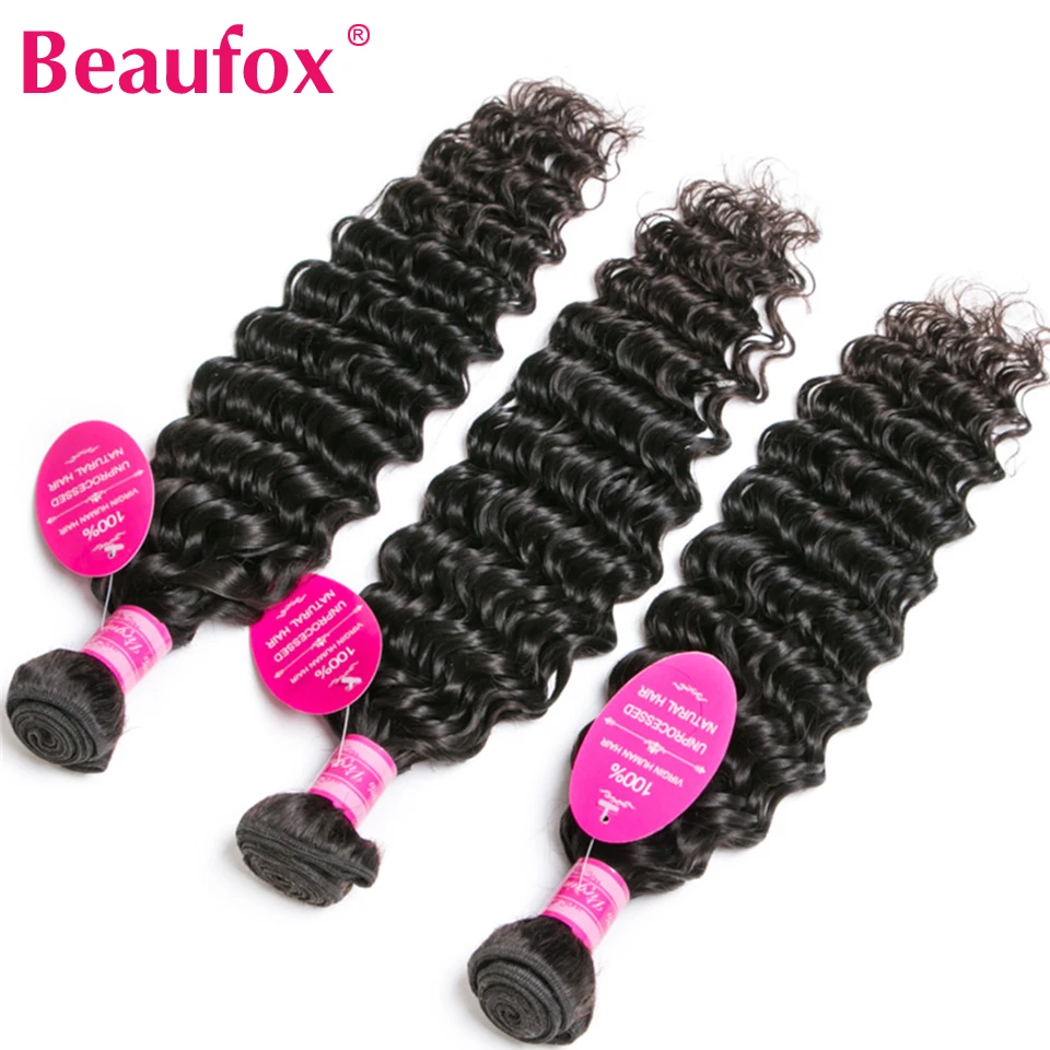 Beaufox индийские пучки глубоких волн 3 шт./лот 100% Человеческие волосы Remy 8 28 дюймов