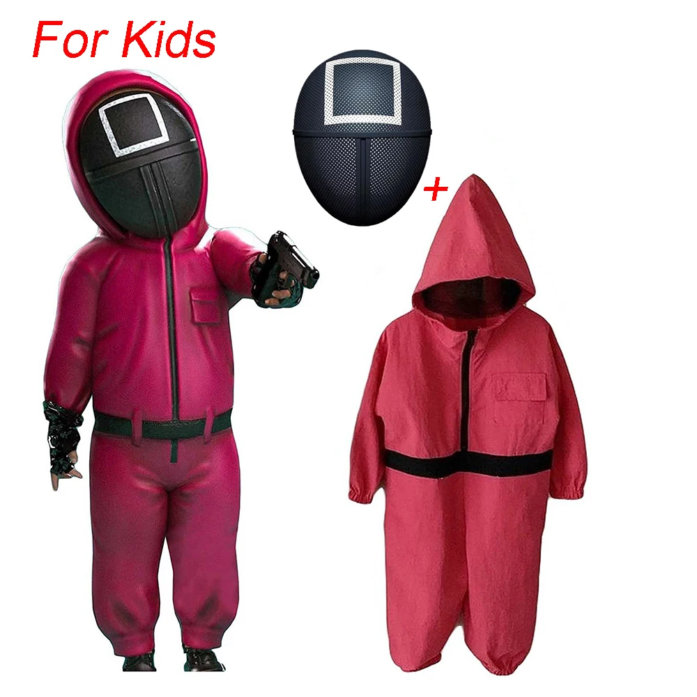 

Squid Game Costume Kids Cosplay Jumpsuit Logo Face Square Circle Triangle Plastic Helmet Halloween Party Costume
