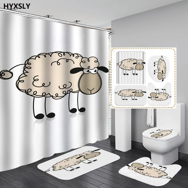 

White Sheep Lamb Cartoon Printed Shower Curtain Kitchen Floor Mat and Toilet Lid Cover Set Bathroom Decoration 3d Custom Design